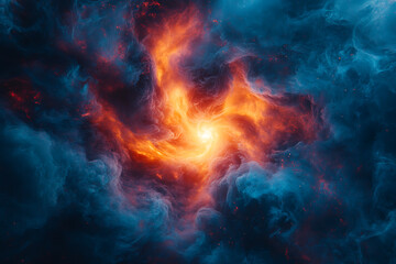 Fototapeta premium Cosmic Nebula Swirl A Fiery Celestial Dance of Blue and Orange Hues in Deep Space