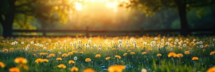 Lush Green Meadow with Dandelions in Golden Hour Light