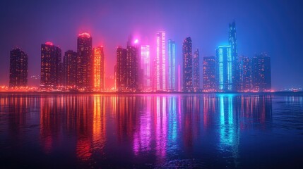 Obraz premium A vibrant city skyline illuminated by neon lights reflecting on water at night.