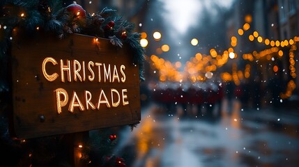 Sign that reads &ldquo;CHRISTMAS PARADE&rdquo; - STREET - CITY - HOLIDAY - FLOATS - BANDS - FESTIVE 