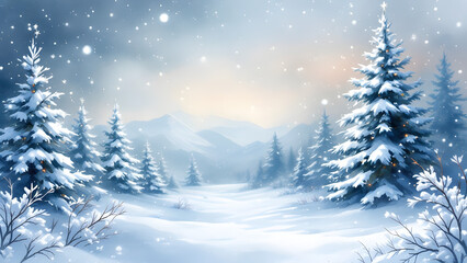 Winter snowy landscape watercolor with Xmas tree and house, background for Christmas, new year and winter season festival poster illustration.