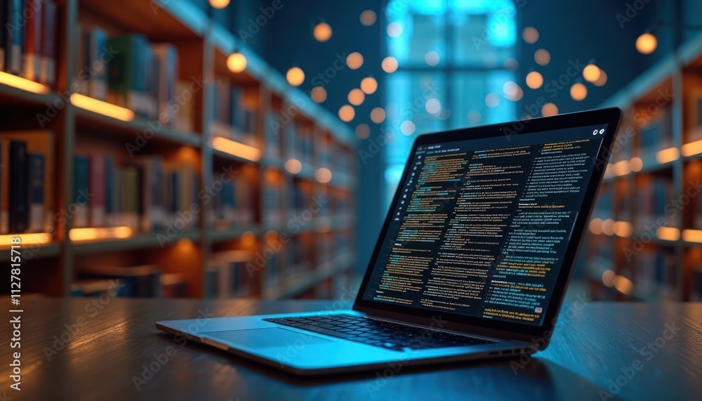 Poster futuristic digital library scene shows laptop with ai-powered info search. glowing binary code flows
