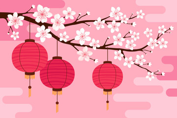 Red round silk or paper Asian lanterns hang on a branch with white sakura flowers, pink background. Chinese lanterns. Lunar New Year, Chinese New Year, Tet. Spring cherry or apple flowers. © sorninai