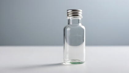 Empty glass bottle with metal cap on white surface and blurred background, minimalist design
