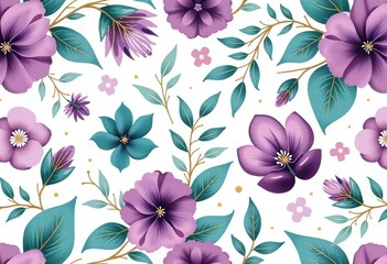 Fototapeta premium Elegant Watercolor Floral Seamless Pattern in Purple and Teal with Subtle Golden Outline Details