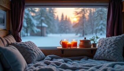 Cozy winter morning inside camper van. Candles warm up small wooden shelf by window. Snowy forest outside. Warm blankets, pillows provide cozy atmosphere. Relaxed winter vacation feeling. Enjoy