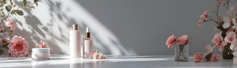 Pink cosmetic bottles and jar, cream, serum, lotion, displayed with pink roses and eucalyptus branches under soft sunlight. Minimalist, luxurious aesthetic.