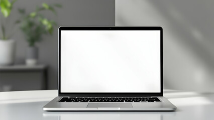 A silver laptop with a blank white screen sits on a minimalist white desk. A blurred background shows plants in pots. Clean, modern aesthetic.