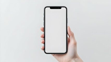 A hand holds a modern smartphone with a blank white screen against a simple white background. The image is clean and minimal, perfect for app showcases or mobile device advertisements.