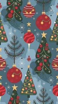 Beautiful Xmas pattern with ornaments. Christmas wrapping paper concept. Vector, Seamless illustration with a Christmas theme - Santa Claus, Christmas trees, ornaments, background