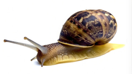 Detailed Close-Up of a Garden Snail slowly crawling on a smooth surface, highlighting its textured shell and antennae in a calm and white  background.