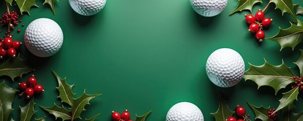 Festive golf balls, holly leaves. Holiday, sports themes combined on green background. Festive scene. Decorated golf accessories. Christmas, golf. Holiday sport concept. Golf balls surrounded by