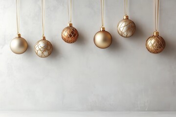 Decora&ccedil;&atilde;o de natal com bolas suspensas em tons dourados, vermelhos e prateados, sobre fundo neutro, criada com IA generativa.