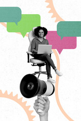 Vertical poster collage young woman remote worker employee laptop textbox message communication...