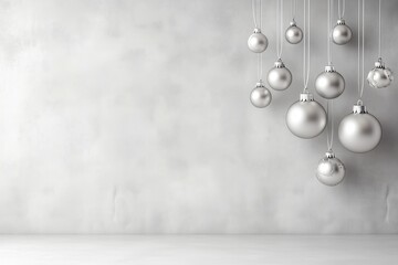 Decoração de natal com bolas suspensas em tons dourados, vermelhos e prateados, sobre fundo neutro, criada com IA generativa.