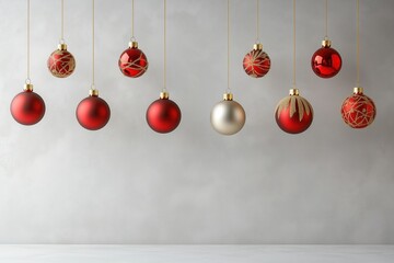 Decora&ccedil;&atilde;o de natal com bolas suspensas em tons dourados, vermelhos e prateados, sobre fundo neutro, criada com IA generativa.