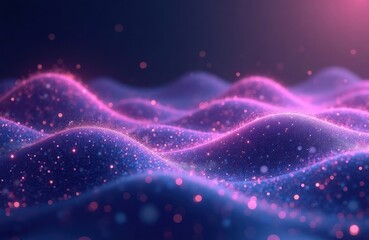 Fototapeta premium Abstract digital waves in purple, blue colors. Glittering particles create wavy forms. Dynamic, futuristic design. Suitable for tech, digital art, abstract backgrounds. Modern, creative visuals.