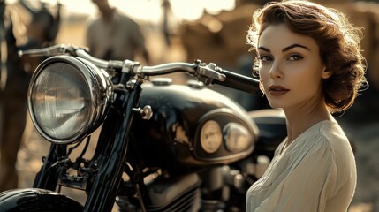 Fototapeta premium a vintage motorcycle with a beautiful 1930's woman in foreground , vintage feel, high contrast 