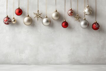 Decora&ccedil;&atilde;o de natal com bolas suspensas em tons dourados, vermelhos e prateados, sobre fundo neutro, criada com IA generativa.