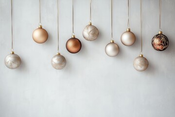 Decora&ccedil;&atilde;o de natal com bolas suspensas em tons dourados, vermelhos e prateados, sobre fundo neutro, criada com IA generativa.