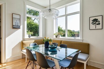 Fototapeta premium Stylish Bright Dining Nook with Glass Table and Scandinavian Chairs in Modern Interior
