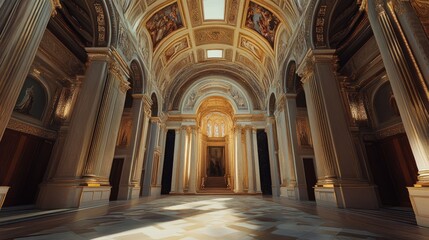 Obraz premium Ornate golden hall, sunlight streams through.