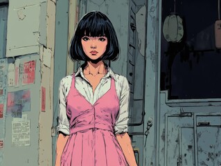 Anime Girl in Pink Dress Standing by an Old Building