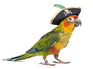 Fototapeta premium parrot wearing a pirate hat cut out isolated on white background