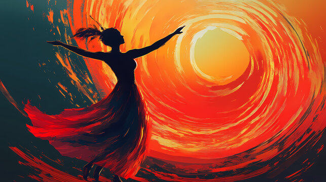 A vibrant glow around a silhouette of a woman dancing at sunset, capturing the essence of freedom and joy, sunset glowtime, emotional and inspiring. Radiance. Illustration
