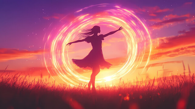 A vibrant glow around a silhouette of a woman dancing at sunset, capturing the essence of freedom and joy, sunset glowtime, emotional and inspiring. Radiance. Illustration