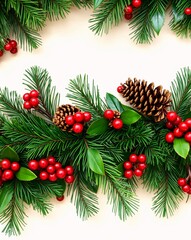 Festive Holiday Garland with Pinecones, Red Berries, and Evergreen Foliage on a Light Background