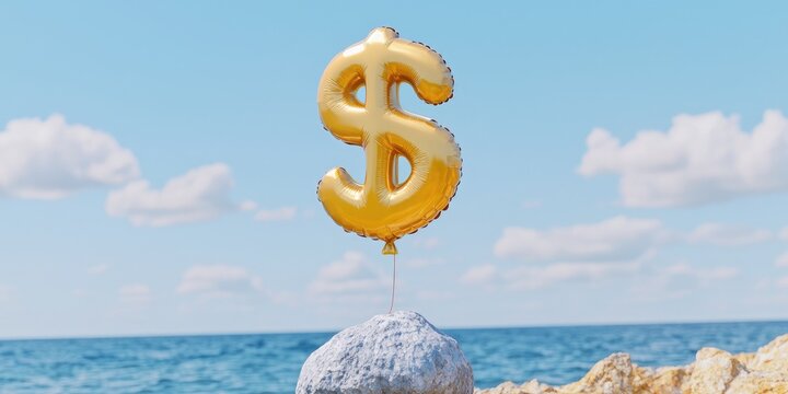A golden dollar sign balloon stands proudly on a rock against a tranquil seaside background.