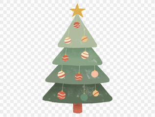 Hand drawn Christmas tree with chalk style decorations and childlike lines on  transparent background, perfect for festive designs. vector