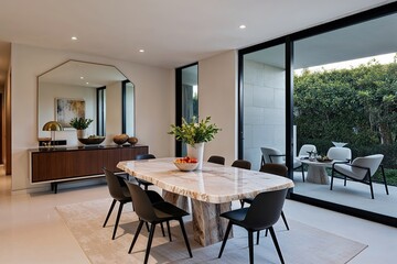 Fototapeta premium Calm Modern Dining Space Featuring Onyx Table and Sleek Chairs in Minimalist Home Decor