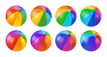 Obraz premium Beach ball 3d summer vector. Inflatable pool toy isolated. Water sea beachball. Ocean island rest symbol. Circus clown party colored icon. Swim balloon realistic render object. Rainbow striped plastic