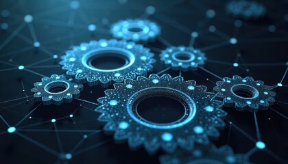 Abstract digital gears in dark background. Modern tech design with connecting dots, lines. Illustrates complex tech system. Interconnected components in motion. Visual representation of data flow.