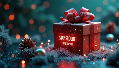 Red gift box with festive ribbon shows message Stay Secure Season. Festive cybersecurity imagery. Christmas theme. Gift card. Tech gift. Cybersecurity concept. Holiday season. Security awareness.