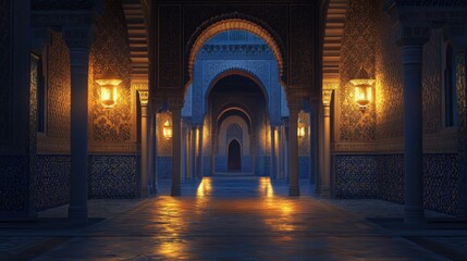 Illuminated Moorish hallway, ornate arches, warm glow.