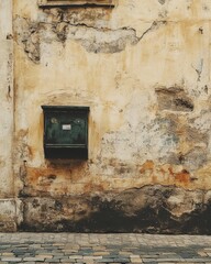 Old Weathered Wall with Utility Box and Cobblestone Street