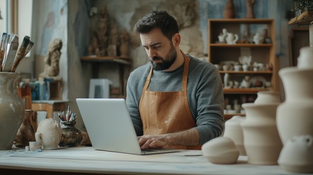 craft artist in apron working on laptop computer in art studio store.