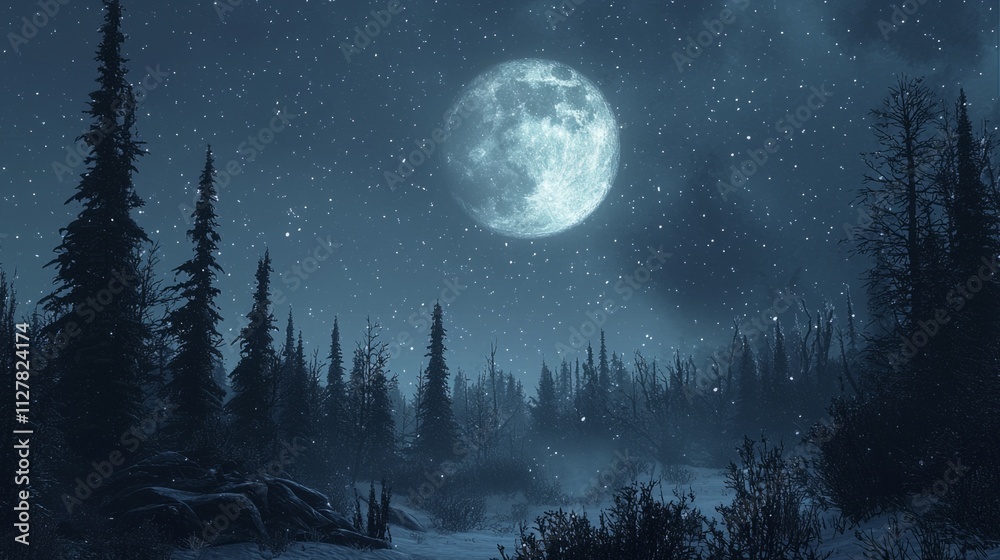 Poster soft snowflakes dance in the air as a radiant full moon bathes the winter landscape in a mystical gl