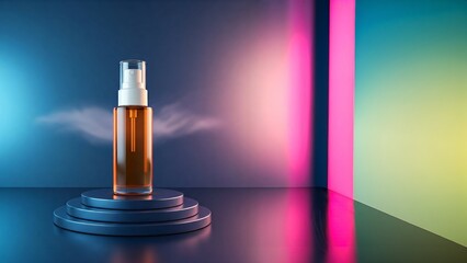 Cosmetic spray bottle on pedestal with colorful neon lights background.
