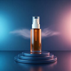 A cosmetic spray bottle on a pedestal with a blue and purple gradient background.