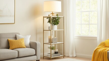 Gold metal and marble shelf with lamp and plants in living room.