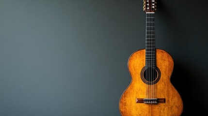 Obraz premium A vintage acoustic guitar rests against a simple gray wall, showcasing its craftsmanship.
