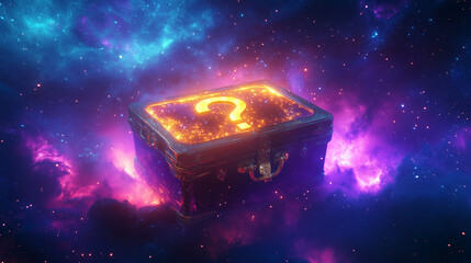 Surreal Glowing Treasure Chest Floating in Nebula with Pulsating Golden Question Mark and Cosmic Dust