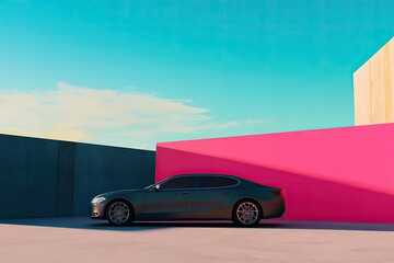 A sleek, modern automobile parked against a vibrant backdrop. The scene conveys a sense of freedom and adventure, suitable for one person on a journey. Bright colors and