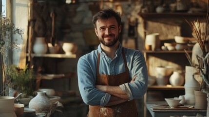 Fototapeta premium Smiling craft artist in apron in art studio store.