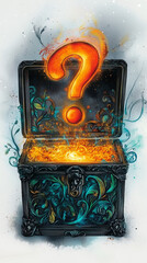 Ornate Watercolor Chest with Glowing Question Mark and Swirling Ribbons in Pastel Shades