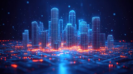 Futuristic city skyline at night, glowing with digital energy and network connections.